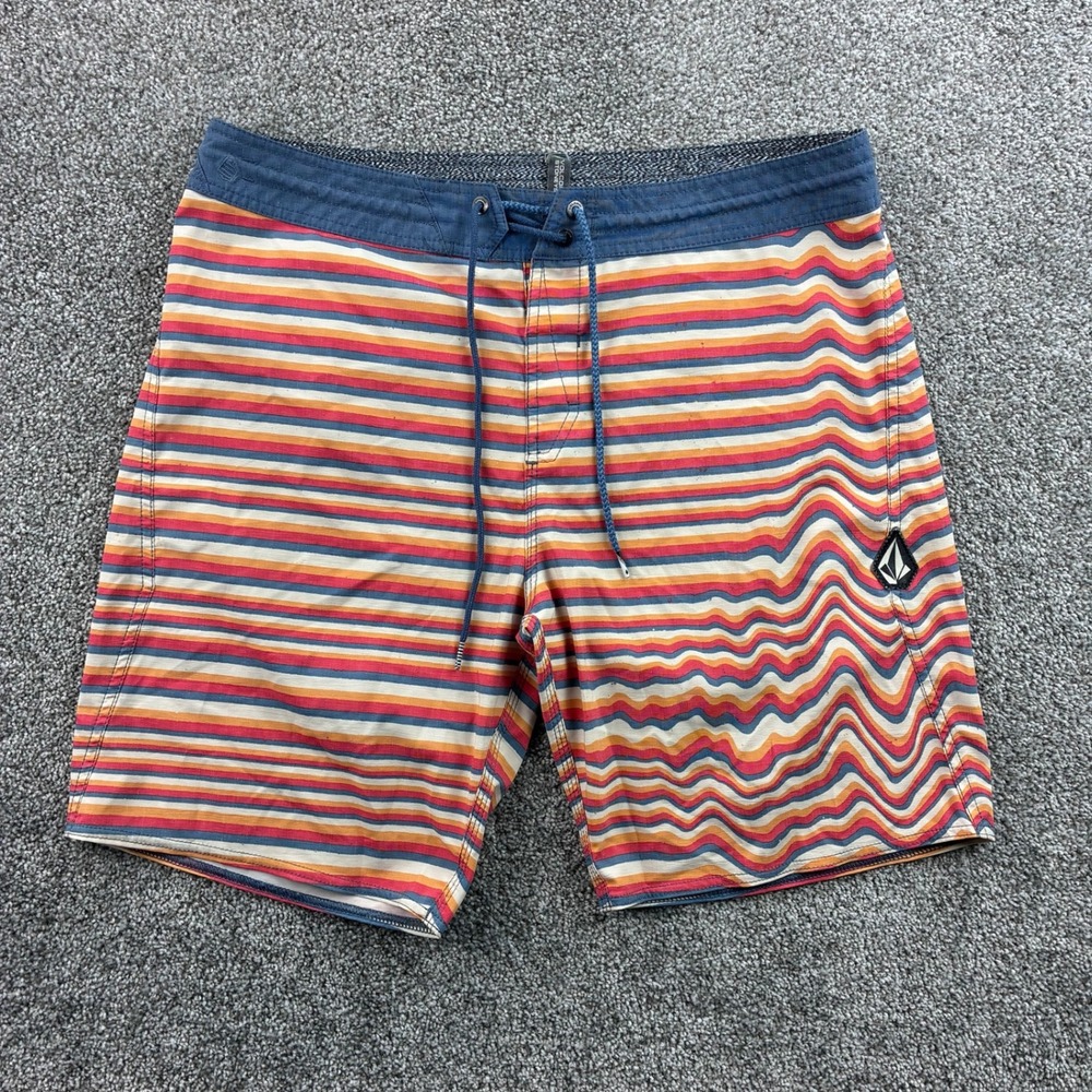 Volcom Board Shorts Mens 34 Blue Orange Wavy Striped Stoney Swim Trunks